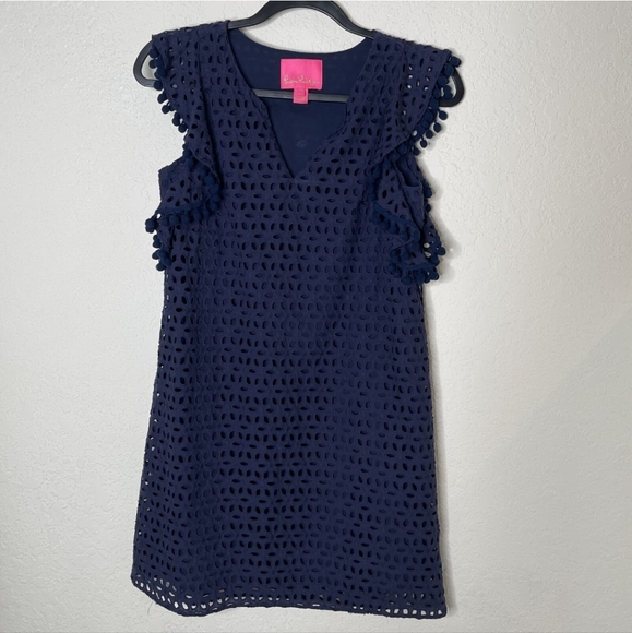 Navy Dress Lilly Pulitzer Womens XS Astara Eyelet Flutter Sleeve Excellent - Picture 2 of 5